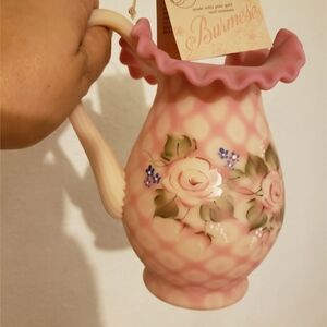 Fenton Burmese Art Glass Diamond Optic Hand-Painted Floral Pitcher